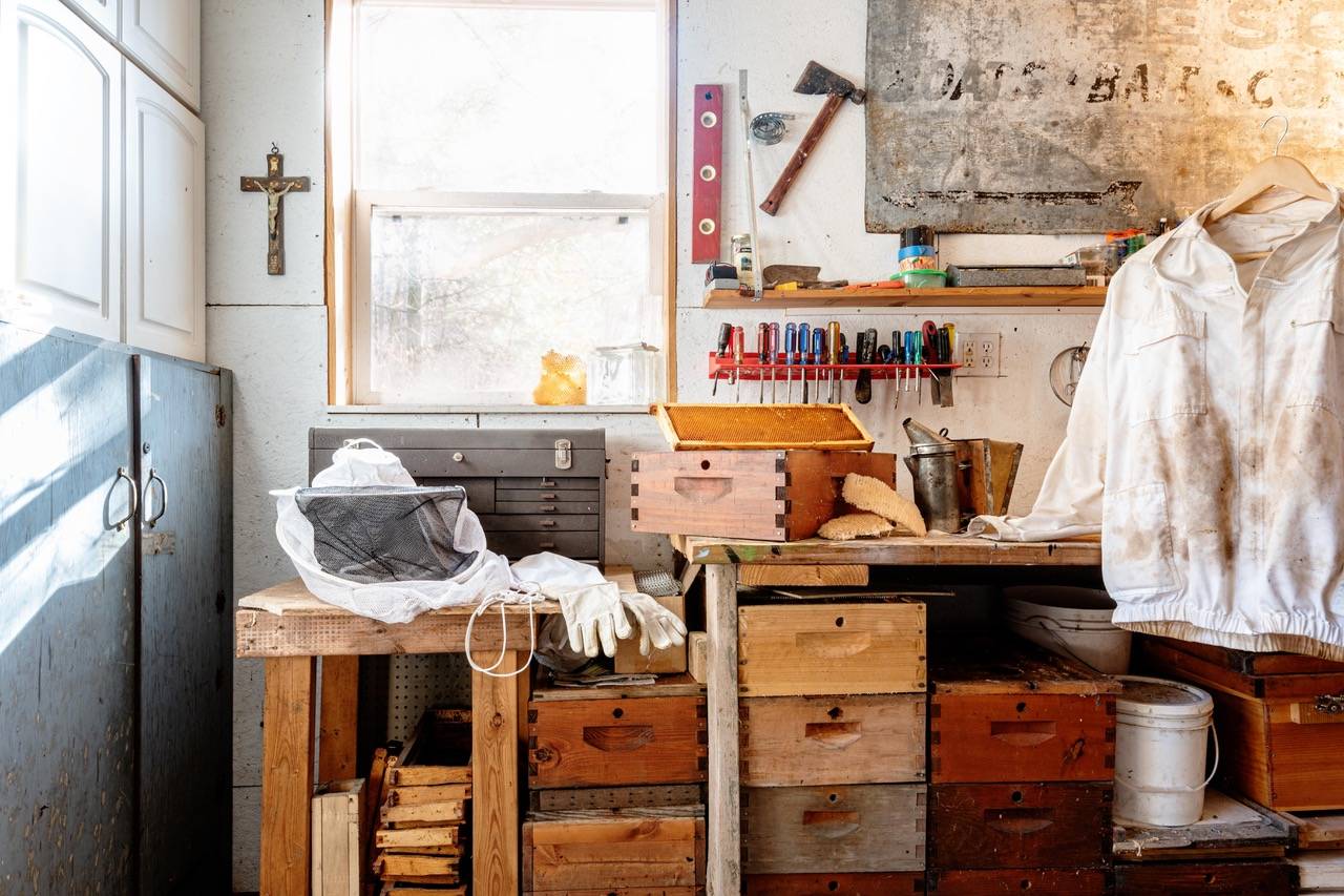 interior of shed with bee keeping supplies